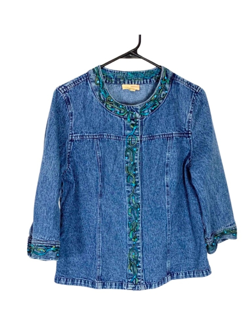 Choices Blue Denim Jacket Teal Green Embroidery Vintage M Boho Grandmacore